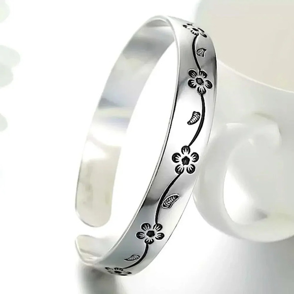 Sterling Silver Flower Bangle Adjustable Cuff Bangle Bracelet - Picture 3 of 5